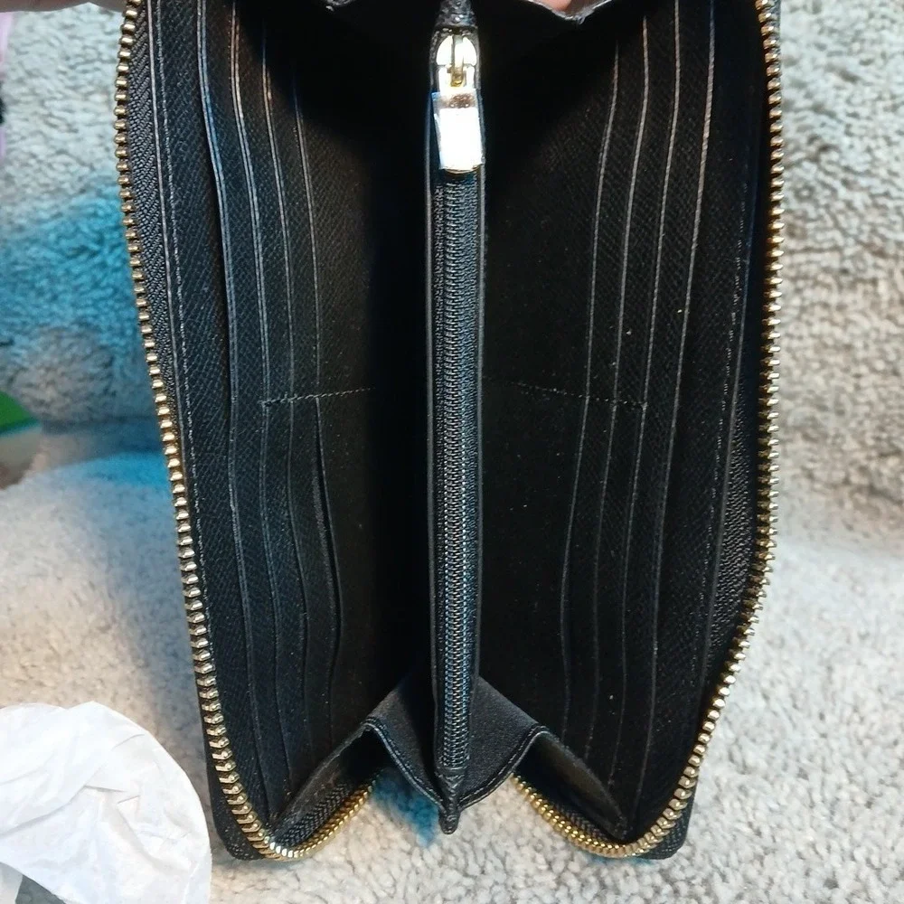 Authentic Coach Black Pebbled Leather Zip Around Long Wallet Gold  Tone Hardware